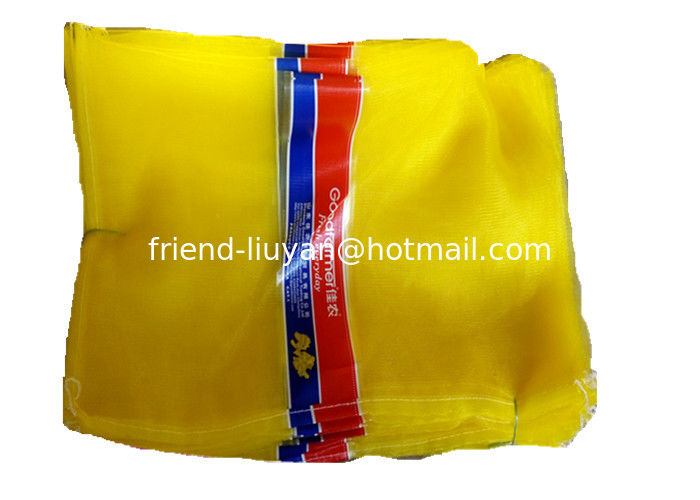 Yellow HDPE Leno Woven Mesh Bag With Printed Label L Stitched Mesh Bags For Ginger Packing